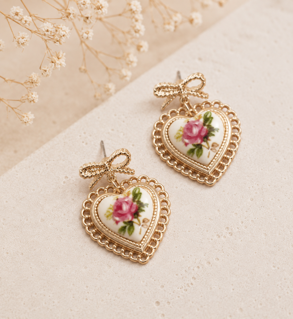 ROSE CERAMIC PORCELAIN BOW DROP EARRINGS
