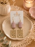 Small gold square mauve earrings